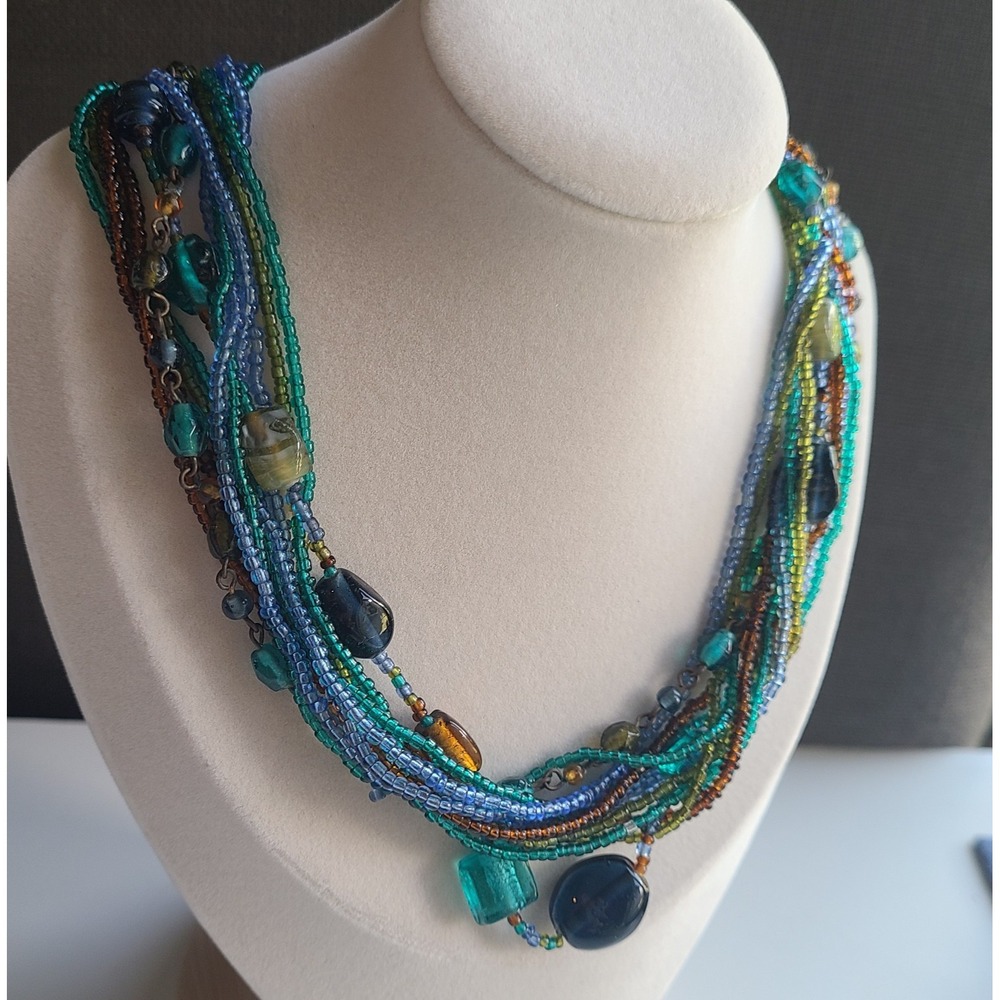 Vintage Beaded Necklace‎ Multi Strand Chunky Blue Bohemian Western Beautiful!